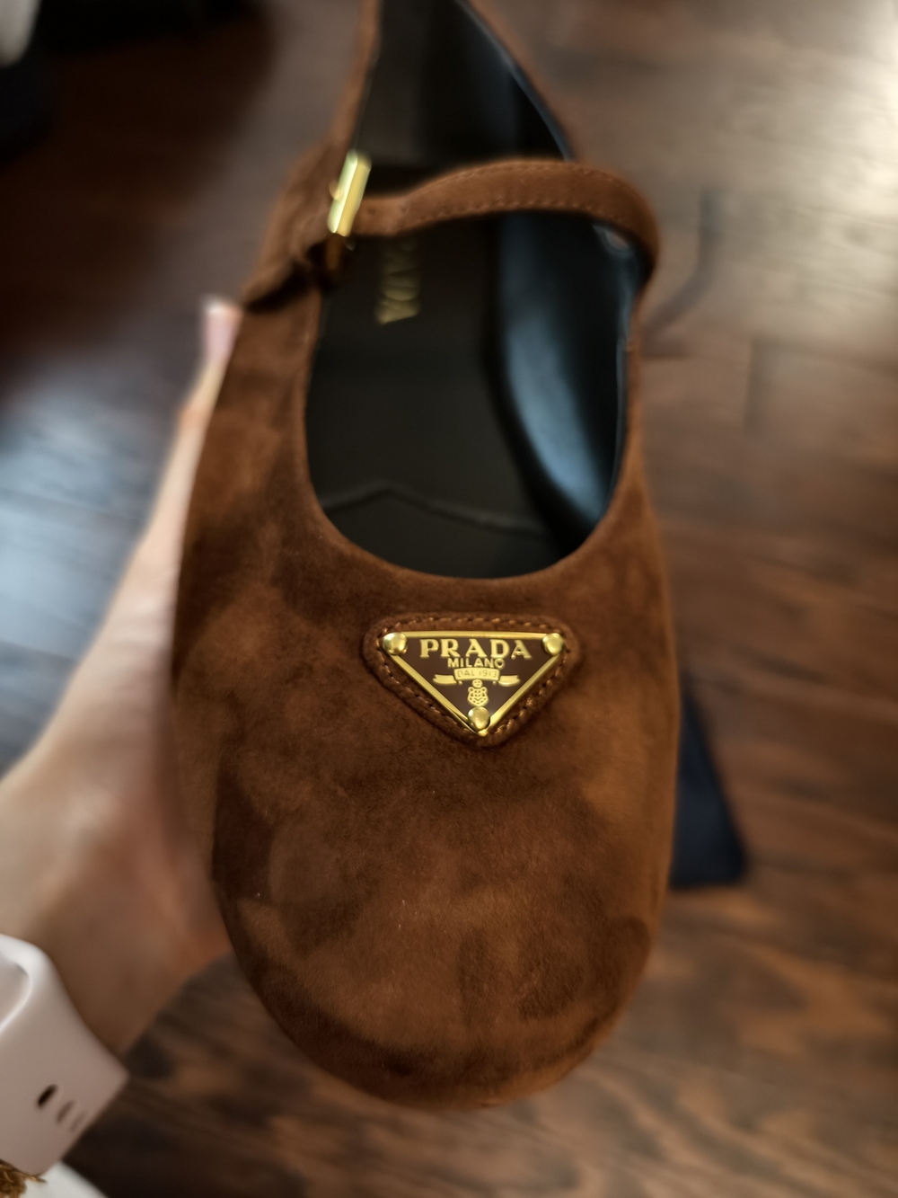 NEW - Prada Brown Suede Mary Jane Loafer with Gold Logo - Picture 2 of 6